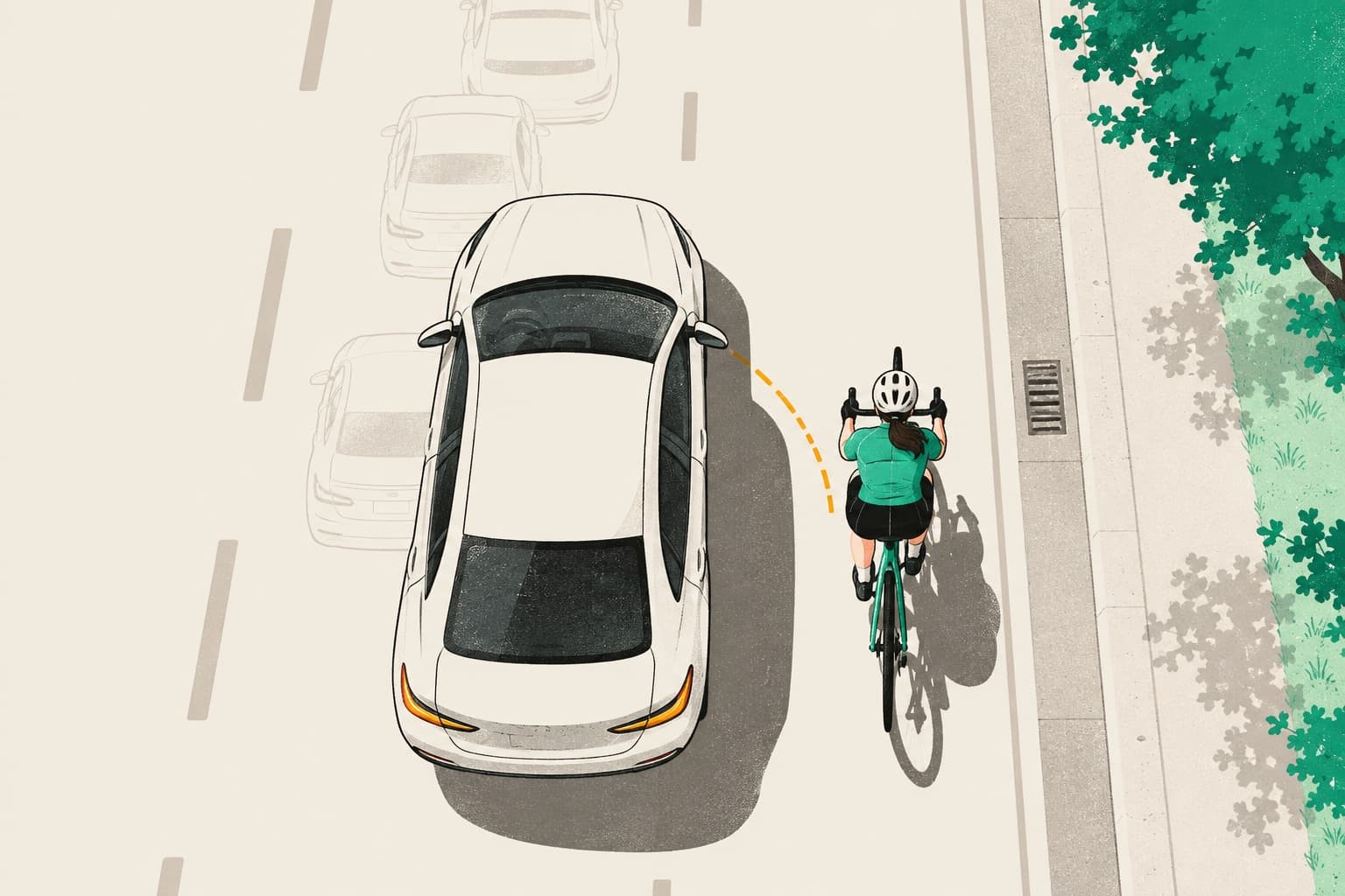 Illustration from above: a car passes a cyclist far too close, with faint outlines of many more cars behind.