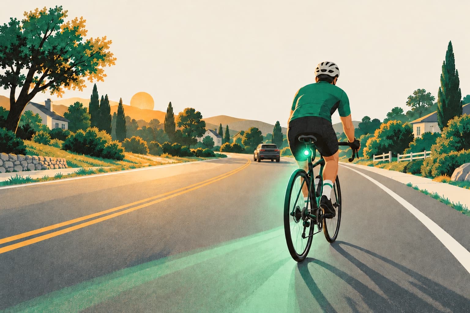 Illustration: a cyclist at golden hour with a glowing green rear camera, and a car that has passed with room, back in its lane well ahead.