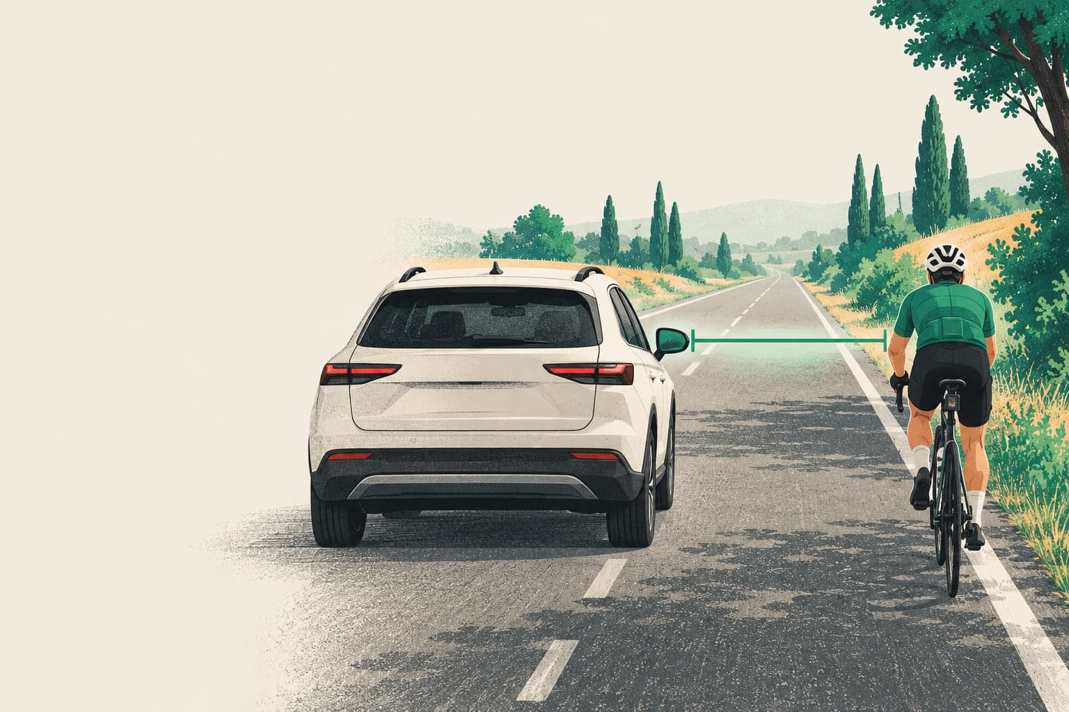 Illustration: an SUV overtakes a cyclist with room to spare, and a green measurement line spans the gap between them.