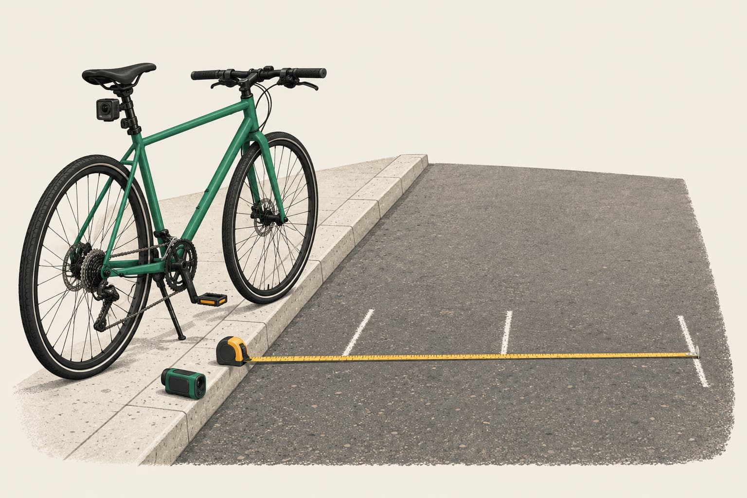 Illustration: chalk marks and a tape measure across an empty road, with a bike at the curb.
